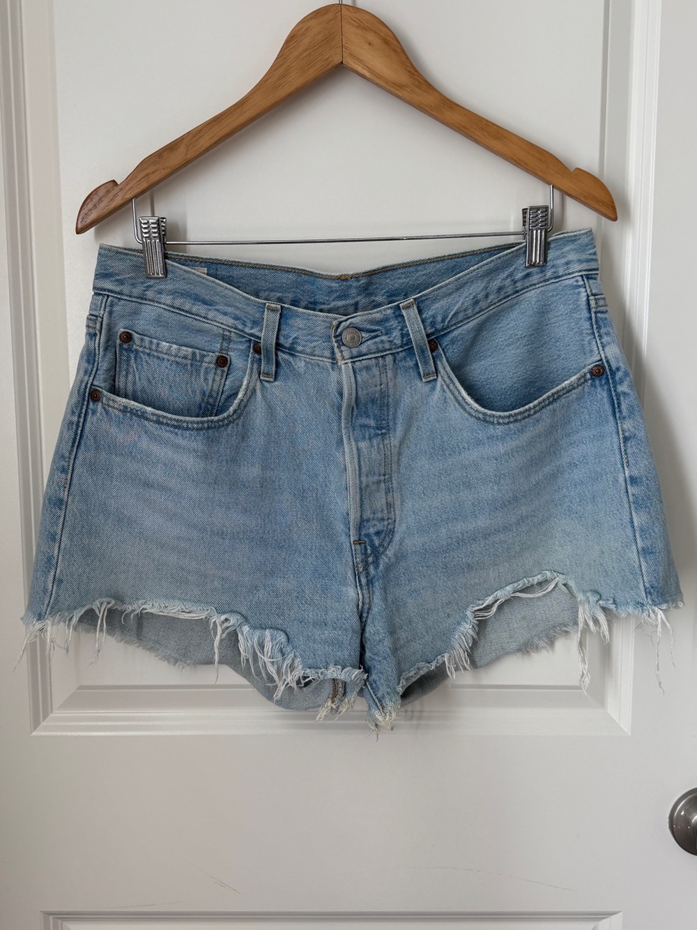 Levi's 501 Light Blue High-Rise Frayed Hem Denim Shorts